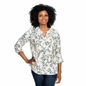 NWOT - OSO Casuals® Printed Woven 3/4 Sleeve Button-up Y-Neck Pintucked Top M